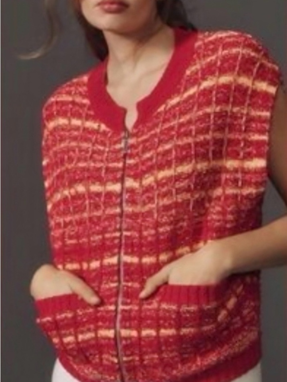 Anthropologie Red and Cream Striped Zip-Front Sweater Vest
